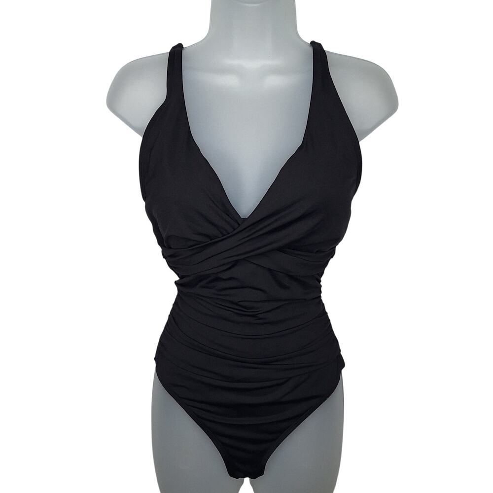 Anne Cole Ruched One Piece Swimsuit 8 Black Slimming Surplice Wrap Front Classic